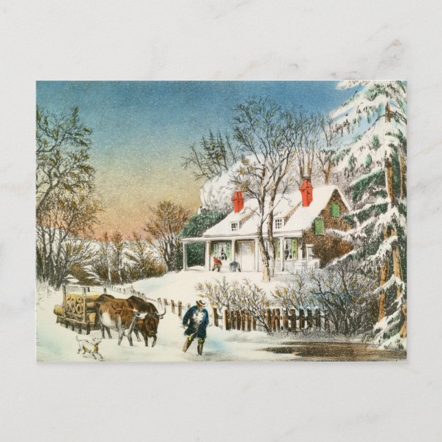 Bringing Home the Logs, Winter Landscape Postcard (Front)