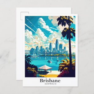 Brisbane Australia Travel Art Vintage Illustration Postcard