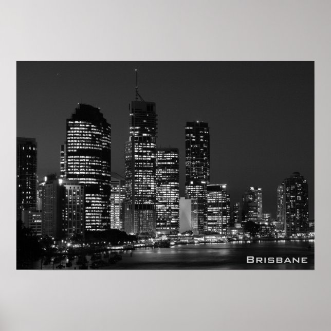 Brisbane City, Night - Black and White Poster (Front)