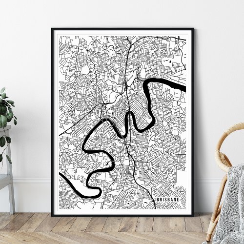 Brisbane Map Abstract Black and White City Map Poster