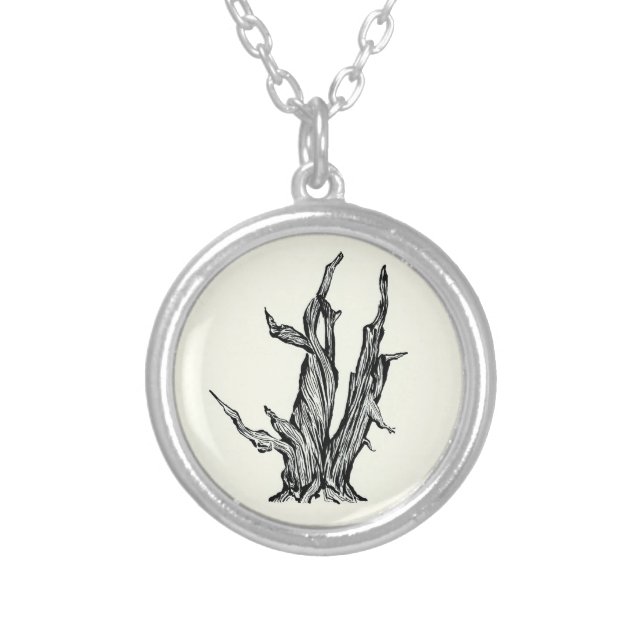 Bristlecone Pine Brush Pen Line Drawing Silver Plated Necklace (Front)