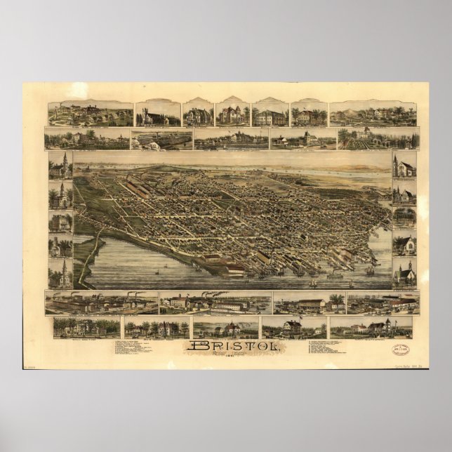 Bristol Rhode Island 1891 Antique Panoramic Map Poster (Front)