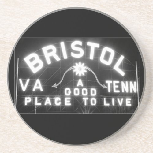 Bristol Virginia Tennessee Slogan sign at night Sandstone Coaster