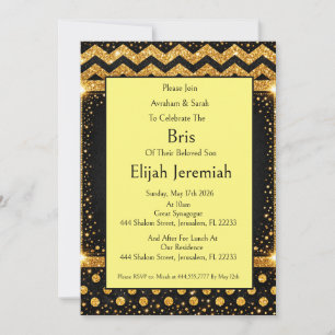Brit Milah, Gold Black Polka Dots Stripes Glitter  Invitation