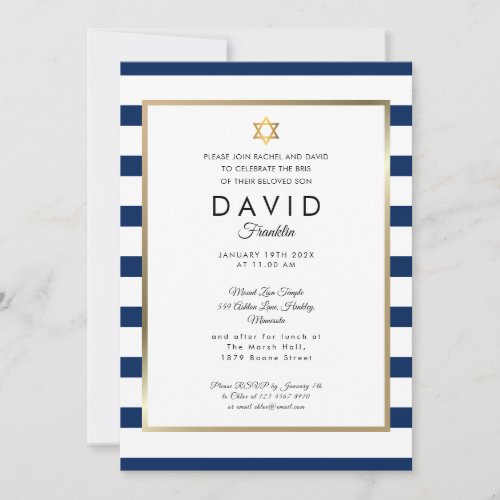 Brit Milah Navy Blue White Stripe Gold Invitation