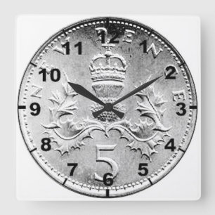 "British 5p Coin" design wall clocks