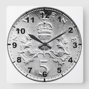 "british 5p Coin" Design Wall Clocks by yackerscreations at Zazzle