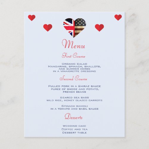 British American Flag Hearts Romantic Wedding Menu