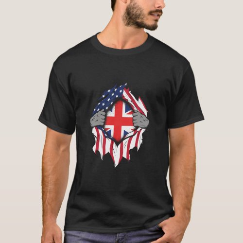 British American Flags Hands Ripping Flag on Chest T_Shirt