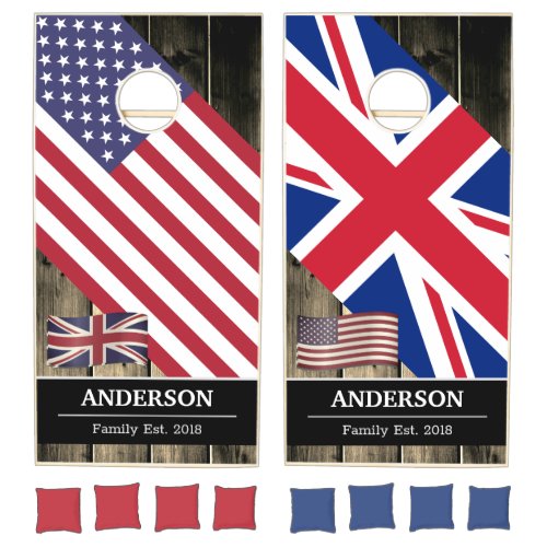 British  American Flags Rustic Wood  Family fun Cornhole Set