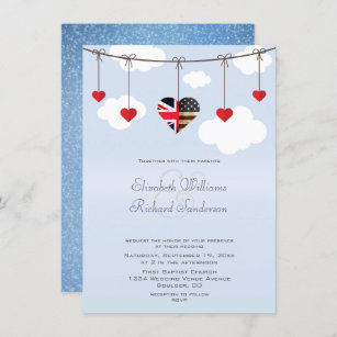British American Romantic Hearts Wedding Invitation
