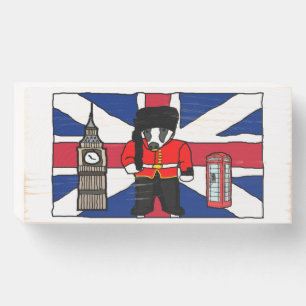 British Badger Cartoon with Big Ben and Flag Wooden Box Sign