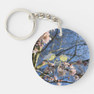British Blue Chickadee Family against Pink Blossom Keychain