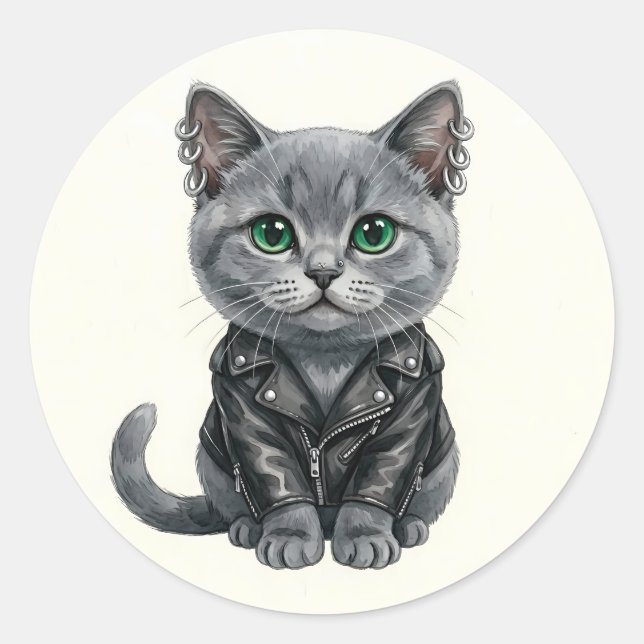 British Blue Punk Cat in Leather Jacket Sticker (Front)