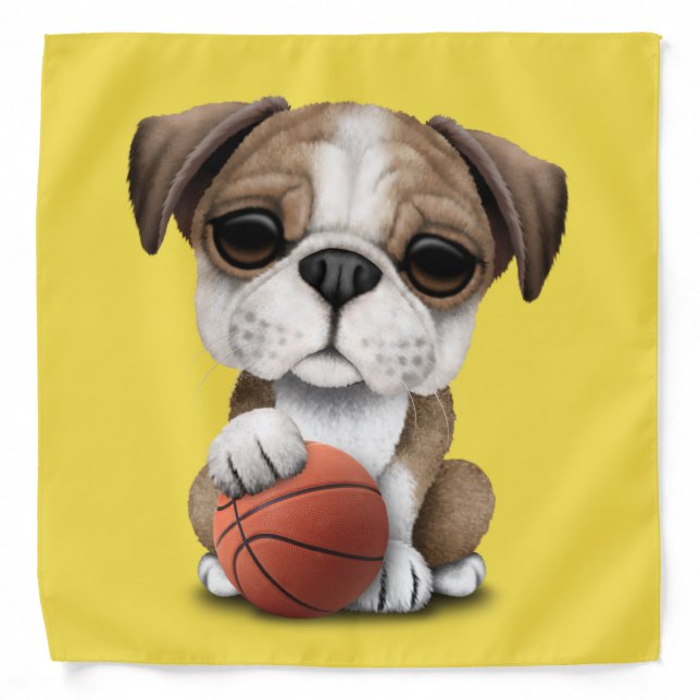 British Bulldog Puppy Playing With Basketball Bandana (Front)
