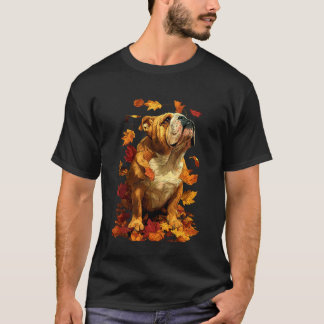 British Bulldog with Fall Leaves Forest Autumn Aes T-Shirt