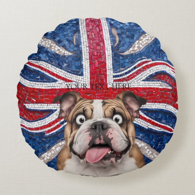 British Bulldog with Union Flag as Background Round Pillow (Front)