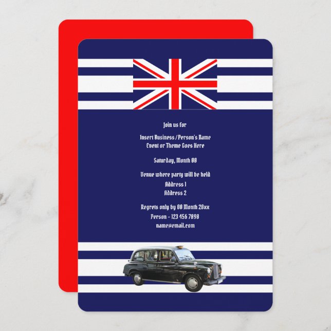 British cab Union Jack flag British theme party Invitation (Front/Back)