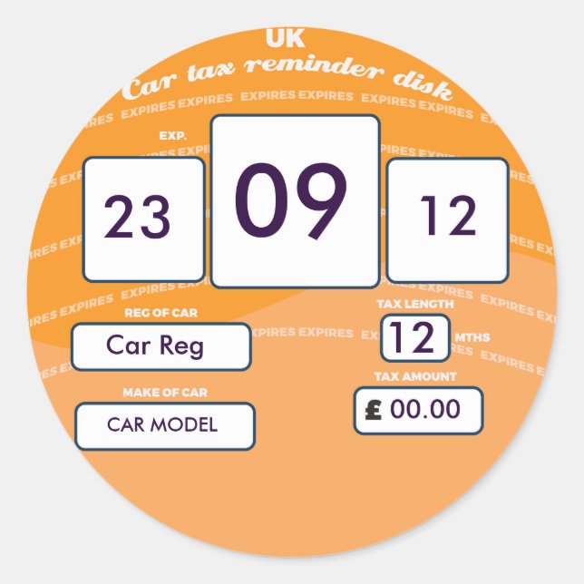 British Car Tax Reminder Sticker Orange (Front)