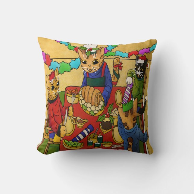 British Christmas Dinner Cats Throw Pillow (Front)