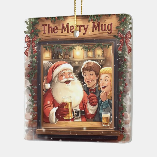 British Christmas Party Santa in the pub Ceramic Ornament (Left)