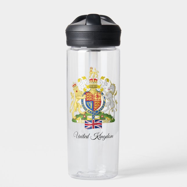 British Coat of Arms, Flag, United Kingdom Water Bottle (Front)