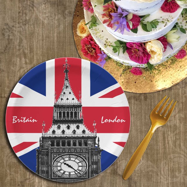 British Flag & Big Ben - London, UK /sports fans Paper Plates (Creator Uploaded)