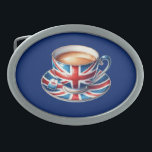 British Flag on English Teacup Belt Buckle<br><div class="desc">A fun design that celebrates the British national drink - TEA (with milk). It's a teacup and saucer featuring a British flag design on a navy blue background. Subtle, classy, patriotism and love of country. Oh, and tea, of course. The perfect gift for English tea lovers, British friends & expats....</div>