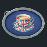 British Flag on English Teacup Belt Buckle<br><div class="desc">A fun design that celebrates the British national drink - TEA (with milk). It's a teacup and saucer featuring a British flag design on a navy blue background. Subtle, classy, patriotism and love of country. Oh, and tea, of course. The perfect gift for English tea lovers, British friends & expats....</div>