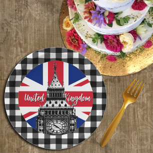 British Flag Plate, Big Ben, Plaid, United Kingdom Paper Plates