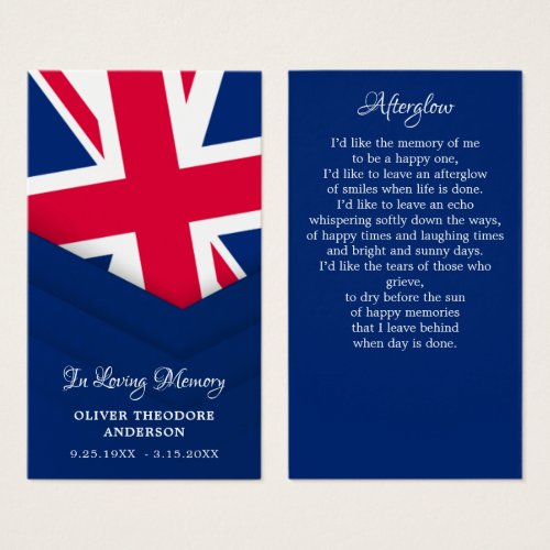 British Flag Simple Memorial Funeral Prayer Card