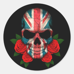 British Flag Skull with Red Roses Classic Round Sticker
