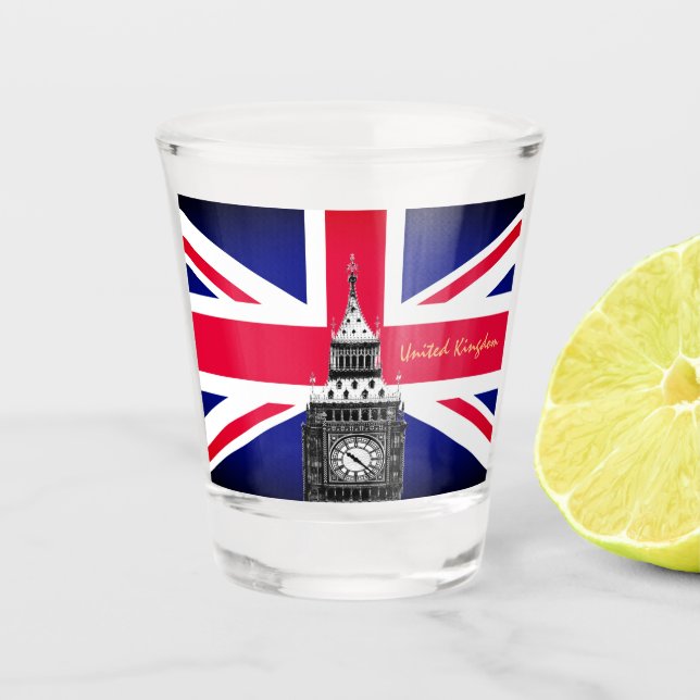 British Flag & United Kingdom, Big Ben / UK sports Shot Glass (Front)