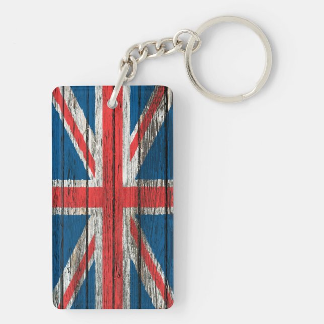British Flag with Rough Wood Grain Effect Keychain (Back)