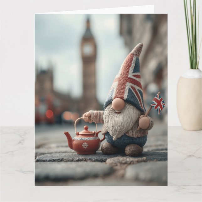 British Gnome with Union Jack Hat and Teapot  Card (Front)