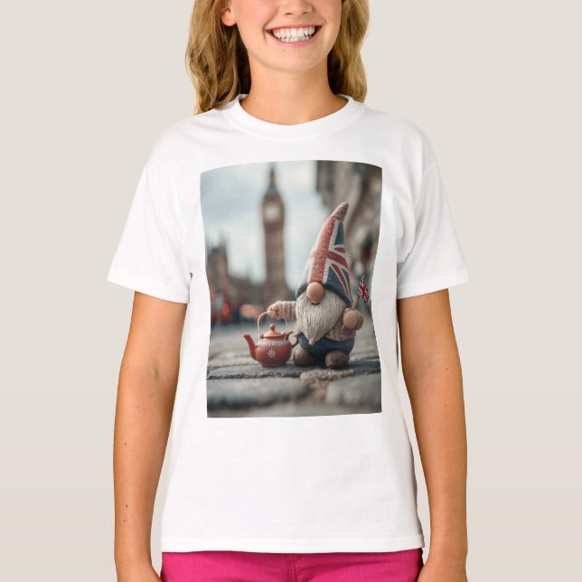 British Gnome with Union Jack Hat and Teapot  T-Shirt (Front)