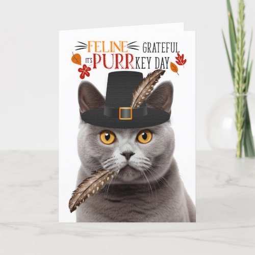 British Gray Cat Feline Grateful for PURRkey Day Holiday Card