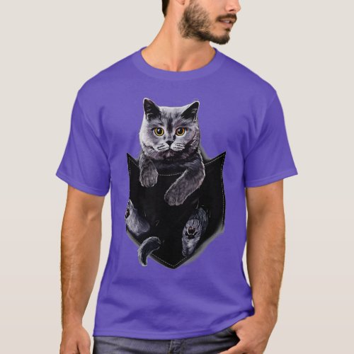 British Grey Cat in Pocket  Cats Tee Shirt Gifts 