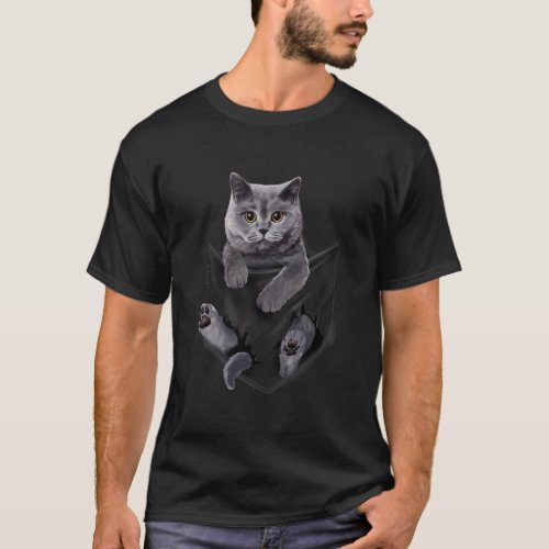 British Grey Cat in Pocket T_Shirt Cats Tee Shirt