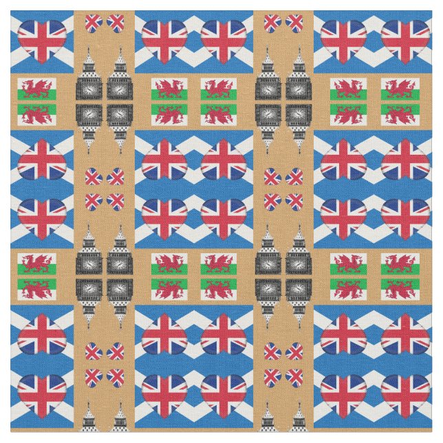 British Heart, Welsh Dragon & Scottish Flag / UK Fabric (Close Up)