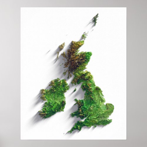 British Isles terrain relief map print