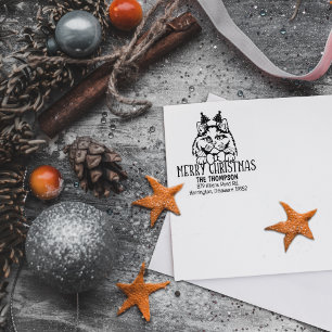 British Long Haired Cat Return Address Christmas  Rubber Stamp