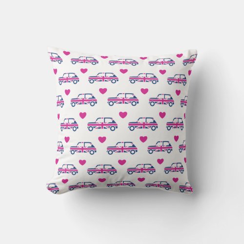 British Mini Cooper Hearts _ Blue  Pink Throw Pillow