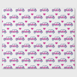 British Mini Cooper Hearts - Blue & Pink Wrapping Paper