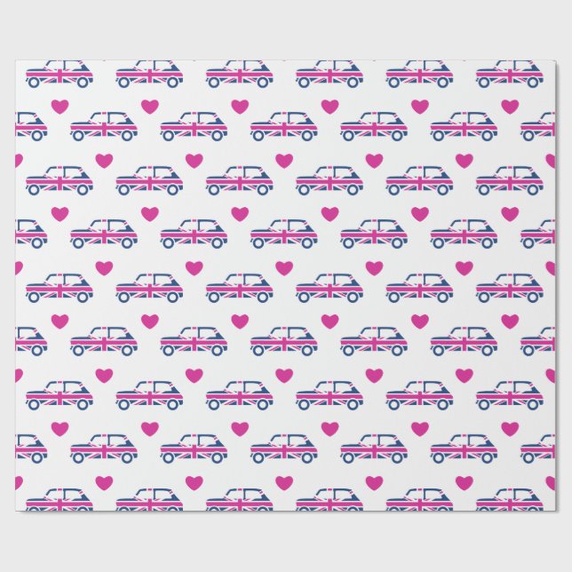 British Mini Cooper Hearts - Blue & Pink Wrapping Paper (Flat)