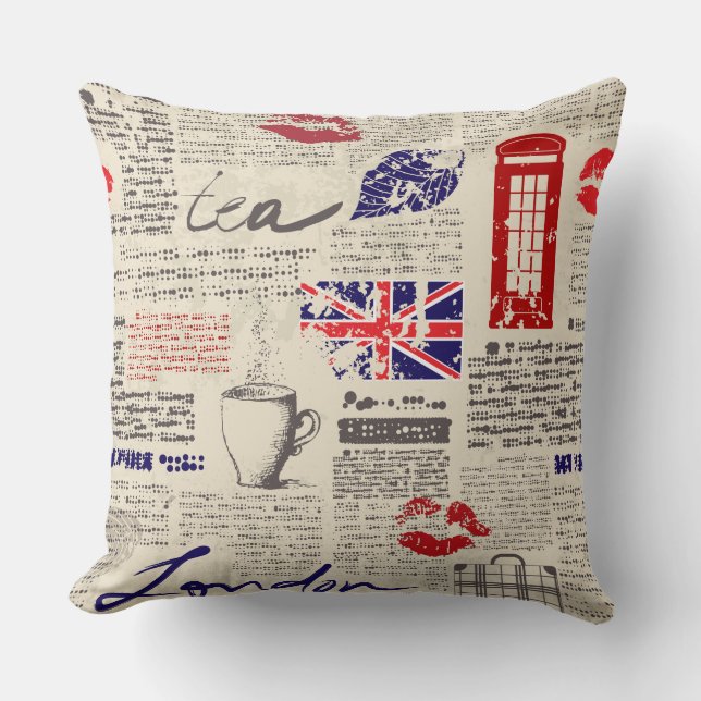 British newspaper pattern throw pillow (Front)