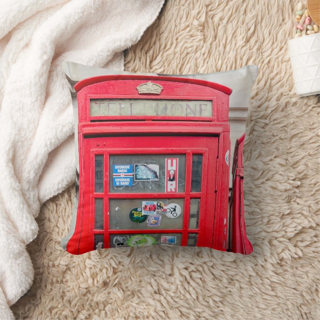 British Phone Box Throw Pillow, London England  Throw Pillow (Blanket)