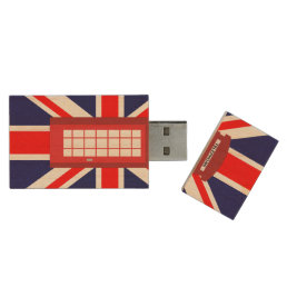 British phone box Union Jack flag Wood Flash Drive