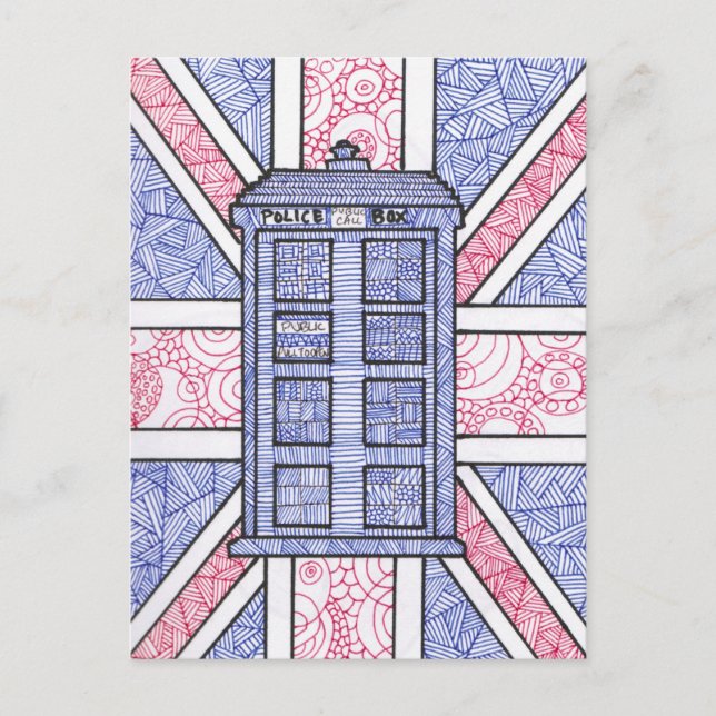 British Police Box and Union Jack Flag Illustrated Postcard (Front)