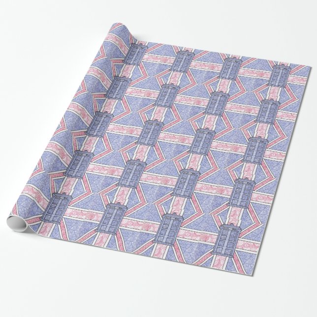 British Police Box and Union Jack Flag Illustrated Wrapping Paper (Unrolled)